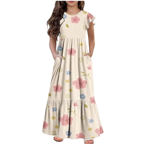 KQIVAM Mädchenkleider Sommer Fliegender Ärmel Kleid Rundhals Kleid mit Niedlicher Druck Kinder Langes Freizeitkleid Buntes Sundress Freizeitkleid Strandkleid Sommerkleid für Teenager 6-12 Jahre von KQIVAM