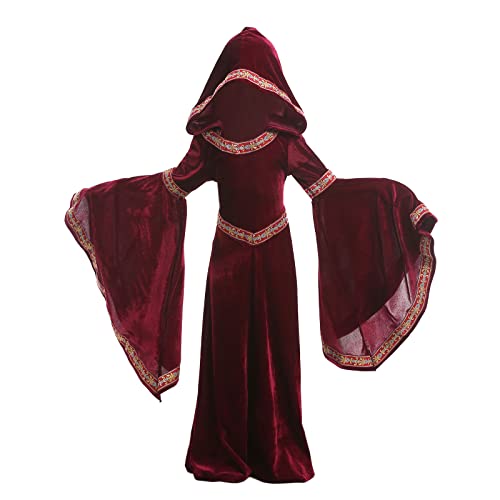 KQIVAM Mittelalter Mädchen Samtkleid Burgunderrot- Mittelalter Kostüm Mädchen Halloween Vampir Kleid Renaissance Adel Kinder Kostüm für Hexennacht, Fasching Burgfräulein Kostüm von KQIVAM