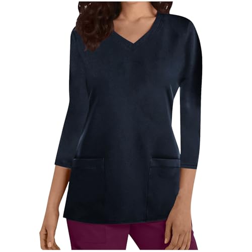 KQIVAM Schlupfkasack Damen 3/4 Ärmel Berufsbekleidung V-Ausschnitt Arbeitskleidung Pflege Damen Pflege Schlupfkasack Schlupfhemd Uniform Pflegeheim Nurse Tshirt Tops mit Tasche Locker Lässige Uniform von KQIVAM