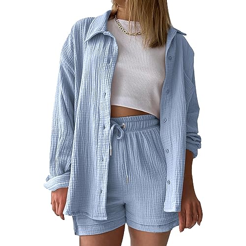 KQIVAM Sommer Zweiteiler Damen Elegant Musselin Bluse und Shorts, Aesthetic Lounge Set Baumwolle Sportanzug Oversize Freizeitanzug Langarm Hausanzug Y2K Clothes Outfit Sportanzug von KQIVAM