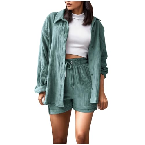 KQIVAM Sommer Zweiteiler Damen Elegant Musselin Bluse und Shorts, Aesthetic Lounge Set Baumwolle Sportanzug Oversize Freizeitanzug Langarm Hausanzug Y2K Clothes Outfit Sportanzug von KQIVAM