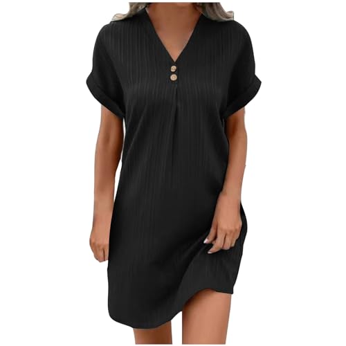 KQIVAM Sommerkleid Damen Kleider Musselin Kleid Damen Luftige Knopfleiste Knielang Strandkleid Einfarbig Sommer Shirtkleider Kurzarm Freizeitkleid Komfortabel Boho A-Linien Blusenkleid von KQIVAM