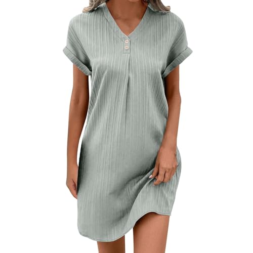 KQIVAM Sommerkleid Damen Kleider Musselin Kleid Damen Luftige Knopfleiste Knielang Strandkleid Einfarbig Sommer Shirtkleider Kurzarm Freizeitkleid Komfortabel Boho A-Linien Blusenkleid von KQIVAM
