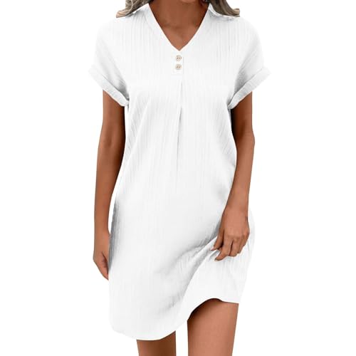 KQIVAM Sommerkleid Damen Kleider Musselin Kleid Damen Luftige Knopfleiste Knielang Strandkleid Einfarbig Sommer Shirtkleider Kurzarm Freizeitkleid Komfortabel Boho A-Linien Blusenkleid von KQIVAM