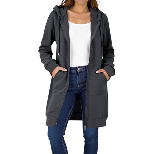 KQIVAM Sweatjacke Damen Hoodie mit Kapuze Lang Herbst Winter Übergangsjacke Casual Einfarbig Kapuzenjacke Locker Kapuzenpullover mit Reißverschluss und Taschen Kapuzenpulli Kapuzenjacke Sweatshirt von KQIVAM