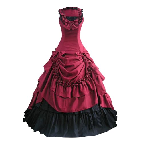 KQIVAM Viktorianische Kleidung Damen Gothic Kleid Renaissance Mittelalter Partykleid Spitze Halloween Kostüm mit Fliegender Ärmel Schnürkleid Hohe Taille Elegant Cocktailkleid Knielang Ballkleid von KQIVAM