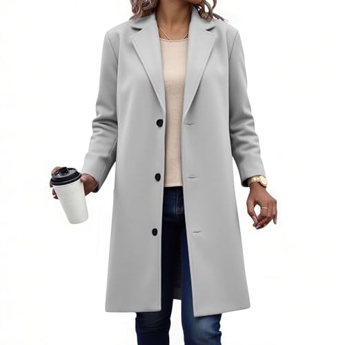 KQIVAM Wollmantel Damen Winter Mantel Lang Wintermantel Elegante Damenmantel Casual Übergangsjacke Einfarbig Freizeitjacke Stehkragen Jacke mit Knöpfen Winterjacke Frauen Wolljacke von KQIVAM