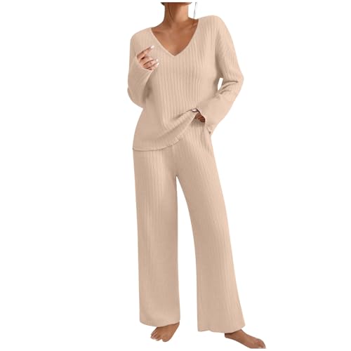 KQIVAM Zweiteiler Damen Lounge Set V-Ausschnitt Gestricktes Loungewear Gerippt Shirt Top Langärm mit Hose 2-Teiliges Hausanzug Jogginganzug Sporthose Sleepwear Freizeit Outfit 2-Teiliges Lounge-Set von KQIVAM