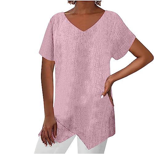 Leinenhemd Damen Lang Oberteile Kurzarm Shirt Große Größe Lockere Asymmetrisch Hem Kurzarmshirt Bluse Baumwolle Leinen Longshirt Vintage Casual Summer Blusenshirt Baggy Tunika Top Hemden von KQIVAM