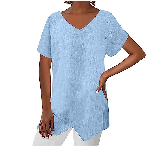 Leinenhemd Damen Lang Oberteile Kurzarm Shirt Große Größe Lockere Asymmetrisch Hem Kurzarmshirt Bluse Baumwolle Leinen Longshirt Vintage Casual Summer Blusenshirt Baggy Tunika Top Hemden von KQIVAM