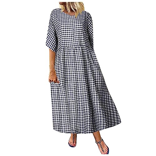 Leinenkleid Damen Lange Rundhals Lose Boho Kaftan Große Größen Halber Ärmel Mittelalter Baumwolle Leinen Maxikleid Oversize Strandkleid Strandponcho Casual Rundhalsausschnitt Sommerkleid von KQIVAM