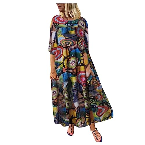 Leinenkleid Damen Lange Rundhals Lose Boho Kaftan Große Größen Halber Ärmel Mittelalter Baumwolle Leinen Maxikleid Oversize Strandkleid Strandponcho Casual Rundhalsausschnitt Sommerkleid von KQIVAM