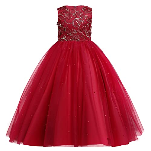 Mädchen Prinzessin Kleid Festlich Hochzeit Kommunion Blumensmädchenkleid, Festzug Party A-Linien Bodenlanges Ballkleider aus Satin und Tüllkleid Bestickte Spitze Perlen 3-12 Jahre von KQIVAM