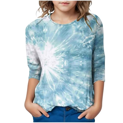 Mädchen T-Shirt mit Tie Dye Druck Sommer 3/4 Arm Rundhals Cute Top Oberteile Kinder 3-12 Jahre Rundhals Kurzarm Shirt Basic Bluse Freizeit Mode Top Alltägliches Kinderkleidung Elegant T-Shirts von KQIVAM