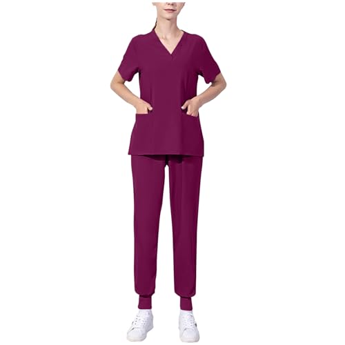 Pflege Set Damen Kasacks mit Hosen Slim Fit Einfarbig Kurzarm V-Ausschnitt Pflege-Top Anzuge Hose mit Taschen Hosenanzug 2-Teiliges Arbeitskleidung Damen Outfits Kasacks Pflegekleidung Uniformen von KQIVAM