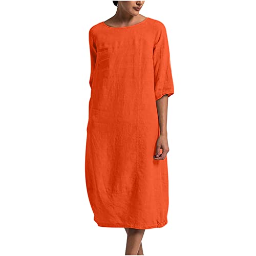 Sommerkleid Damen Midi Kleid Halbarm Kleid Leinenkleid Freizeitkleid Rundhal Kleid Leicht und Luftig Kleid Einfarbige Kleid Sommer Casual Kleid für Frauen Lockeres Kleid Loose Casual Blusenkleid von KQIVAM