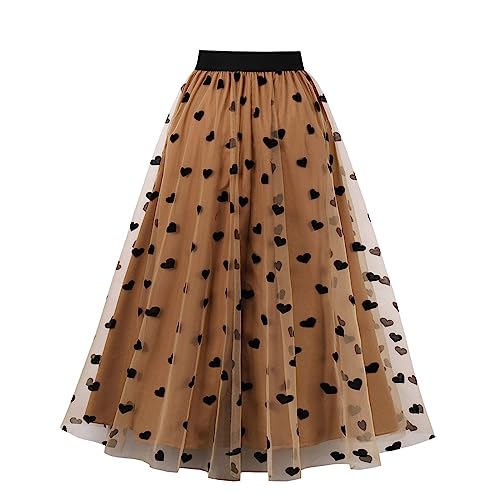 Tüllrock Damen Vintage Herz Druck Elastische Hohe Taille Tutu Röcke Mesh Geschichtet A-Linie Swing Midi Rock Casual Cocktail Party Rock Karneval Kostüm Tanzrock Unterrock von KQIVAM