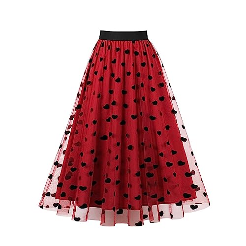 Tüllrock Damen Vintage Herz Druck Elastische Hohe Taille Tutu Röcke Mesh Geschichtet A-Linie Swing Midi Rock Casual Cocktail Party Rock Karneval Kostüm Tanzrock Unterrock von KQIVAM