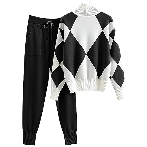 Zweiteiler Damen Langarm Lounge Sets Hausanzug mit Gerippt Strickpullover Hose Lange, Schlafanzug Freizeit Bequeme Outfit Elastische Weites Bein Hosen Pullover Lange Ärmel Top + Hose Sportanzug von KQIVAM