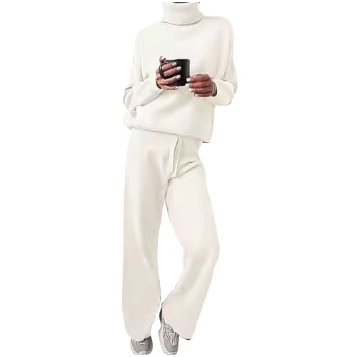 Zweiteiler Lounge Set Damen Strick Damen Set Gerippt Winter Jogginganzug Freizeitanzug Weich Strickanzug 2 Teilig Strickpullover Top Langärm Hose Freizeit Outfit Kuschelig Elegant Trainingsanzug von KQIVAM