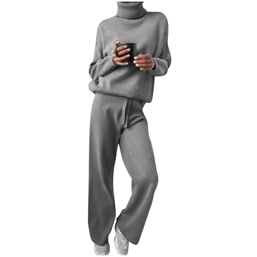 Zweiteiler Lounge Set Damen Strick Damen Set Gerippt Winter Jogginganzug Freizeitanzug Weich Strickanzug 2 Teilig Strickpullover Top Langärm Hose Freizeit Outfit Kuschelig Elegant Trainingsanzug von KQIVAM