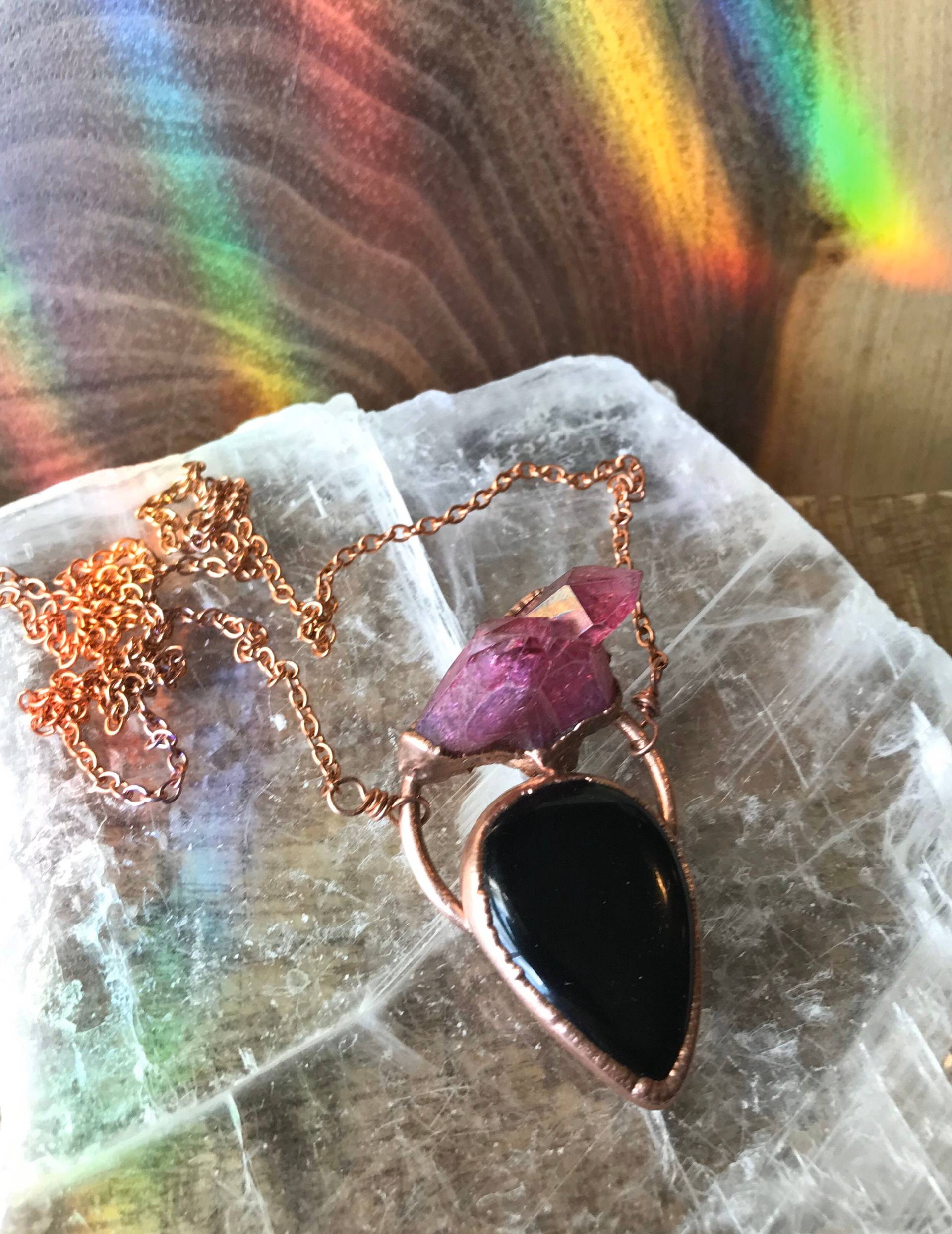 Ooak - Rose Aura Und Obsidian Halskette - Kupfer Electroformed, Beliebige Länge, Halskette, Schwarzer Kristall Ooak - Rose Aura Und Obsidian Halskette - Kupfer Electroformed, Beliebige Länge, Halskette, Schwarzer Kristall von KQJewelryDesigns