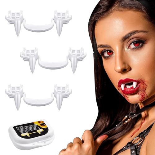 KQLHLHDYZ 3 PCS Halloween Vampir Zähne, Einziehbare Vampir Zähne, wiederverwendbare falsche Zähne mit tragbarer Box, falsche Zähne für Vampirkostüm, Cosplay Party Requisiten Halloween Party Zubehör von KQLHLHDYZ