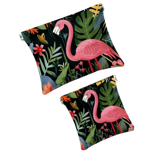 2 Stück Kunstleder-Box, kleine Make-up-Tasche, Geldbörse, tragbare Mini-Kosmetiktasche für Damen, multifunktionale Schrapnell-Aufbewahrungstasche, tropischer Dschungel, Cartoon, Flamingo, Blumen, von KQNZT