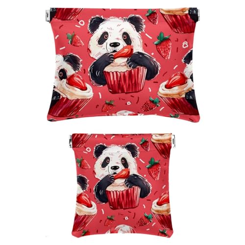 2-teiliges Make-up-Taschen-Set aus Kunstleder, kleine Reisetasche, Mini-Make-up-Tasche, Lippenstift-Kosmetik-Zubehör, Organizer, Cartoon-Panda-Erdbeerkuchen, Design 2567, 12x11.5cm/18x14.8cm von KQNZT