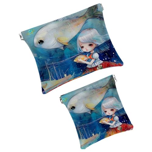 2 x Kunstleder-Box, kleine Taschen für Geldbörse, Mini-Make-up-Tasche, Schrapnellverschluss, Schmuckaufbewahrungstasche, Märchen, Cartoon, Ozean, Fisch und Mädchen, Design 8337, 12x11.5cm/18x14.8cm von KQNZT