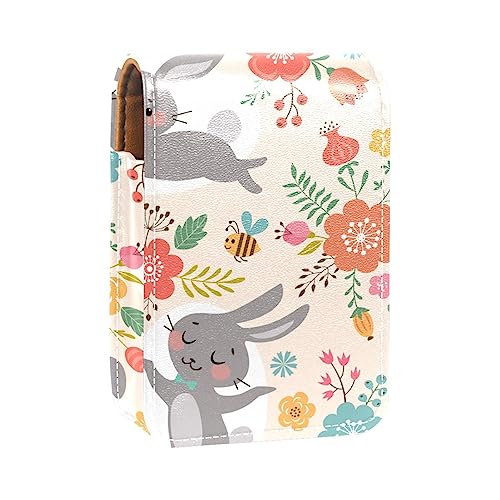 Damen-Make-up-Lippenstift-Etui aus PU-Leder, Lippenstift-Etui mit Spiegel, süßes tragbares Make-up-Reiseetui für Geldbörse, Lippenstift-Halter,Cartoon Grau Kaninchen Blumen Frühling von KQNZT