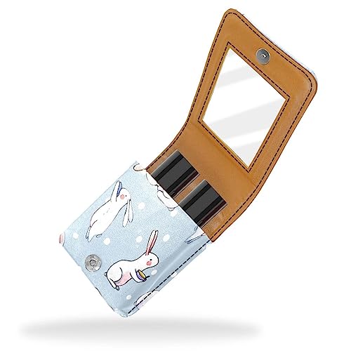 Damen-Make-up-Lippenstift-Etui aus PU-Leder, Lippenstift-Etui mit Spiegel, süßes tragbares Make-up-Reiseetui für Geldbörse, Lippenstift-Halter,Cartoon Kaninchen Tupfen von KQNZT