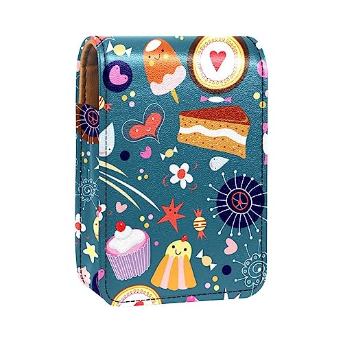 Damen-Make-up-Lippenstift-Etui aus PU-Leder, Lippenstift-Etui mit Spiegel, süßes tragbares Make-up-Reiseetui für Geldbörse, Lippenstift-Halter,Cartoon Kissen Eiscreme Blumen Stern von KQNZT