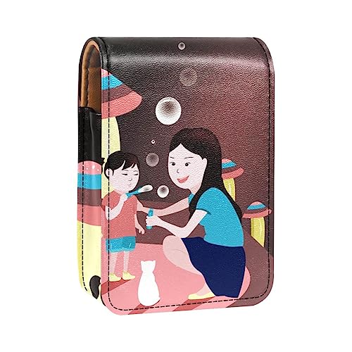 Damen-Make-up-Lippenstift-Etui aus PU-Leder, Lippenstift-Etui mit Spiegel, süßes tragbares Make-up-Reiseetui für Geldbörse, Lippenstift-Halter,Cartoon Mädchen und Mutter unter der Straßenlaterne von KQNZT