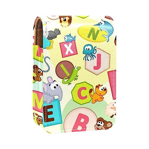 Damen-Make-up-Lippenstift-Etui aus PU-Leder, Lippenstift-Etui mit Spiegel, süßes tragbares Make-up-Reiseetui für Geldbörse, Lippenstift-Halter,Cartoon Tier Alphabet Giraffe Elefant AFFE von KQNZT