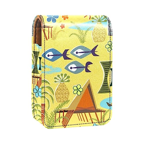 Damen-Make-up-Lippenstift-Etui aus PU-Leder, Lippenstift-Etui mit Spiegel, süßes tragbares Make-up-Reiseetui für Geldbörse, Lippenstift-Halter,Cartoon hawaiianischer Ozean Wald Mädchen Tier von KQNZT