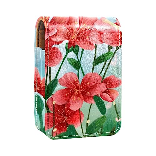 Damen-Make-up-Lippenstift-Etui aus PU-Leder, Lippenstift-Etui mit Spiegel, süßes tragbares Make-up-Reiseetui für Geldbörse, Lippenstift-Halter,Frühlingsrosa Blume und Mädchen von KQNZT