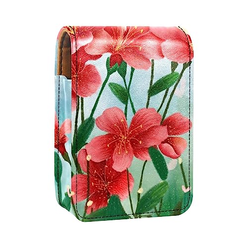 Damen-Make-up-Lippenstift-Etui aus PU-Leder, Lippenstift-Etui mit Spiegel, süßes tragbares Make-up-Reiseetui für Geldbörse, Lippenstift-Halter,Frühlingsrosa Blume und Mädchen von KQNZT