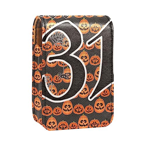 Damen-Make-up-Lippenstift-Etui aus PU-Leder, Lippenstift-Etui mit Spiegel, süßes tragbares Make-up-Reiseetui für Geldbörse, Lippenstift-Halter,Happy Halloween 31. Oktober Kürbisspinne von KQNZT