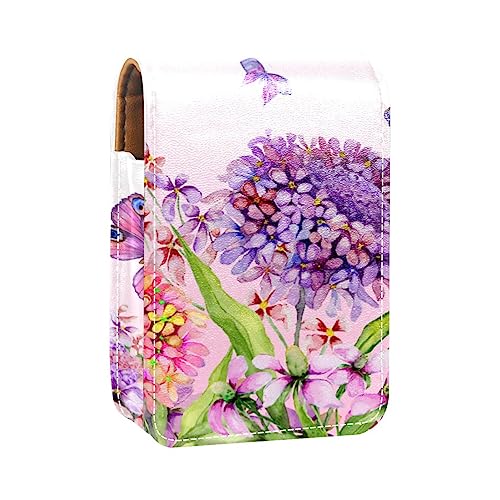 Damen-Make-up-Lippenstift-Etui aus PU-Leder, Lippenstift-Etui mit Spiegel, süßes tragbares Make-up-Reiseetui für Geldbörse, Lippenstift-Halter,Lila Blumen Schmetterling mit Blumen von KQNZT