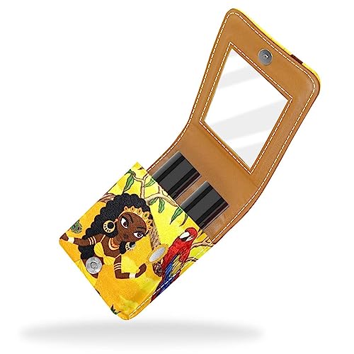 Damen-Make-up-Lippenstift-Etui aus PU-Leder, Lippenstift-Etui mit Spiegel, süßes tragbares Make-up-Reiseetui für Geldbörse, Lippenstift-Halter,Mädchen Papageien Pfau Cartoon Kunst von KQNZT