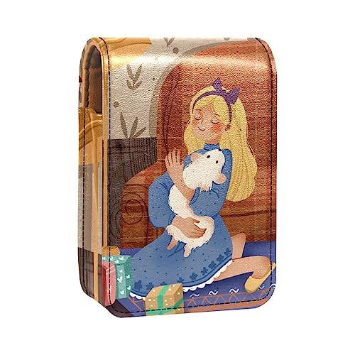 Damen-Make-up-Lippenstift-Etui aus PU-Leder, Lippenstift-Etui mit Spiegel, süßes tragbares Make-up-Reiseetui für Geldbörse, Lippenstift-Halter,Mädchen und Haustier Cartoon von KQNZT