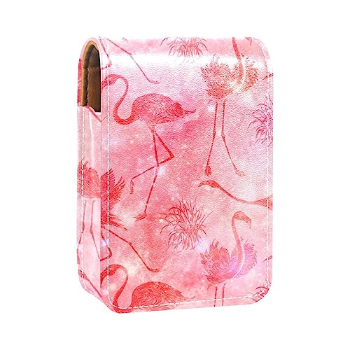 Damen-Make-up-Lippenstift-Etui aus PU-Leder, Lippenstift-Etui mit Spiegel, süßes tragbares Make-up-Reiseetui für Geldbörse, Lippenstift-Halter,Rosa Flamingo Tropische Tiergalaxie von KQNZT