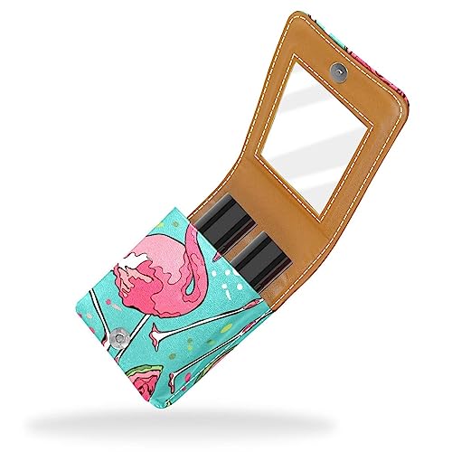 Damen-Make-up-Lippenstift-Etui aus PU-Leder, Lippenstift-Etui mit Spiegel, süßes tragbares Make-up-Reiseetui für Geldbörse, Lippenstift-Halter,Rosa Flamingo Wassermelone tropischer Hawaiianer von KQNZT