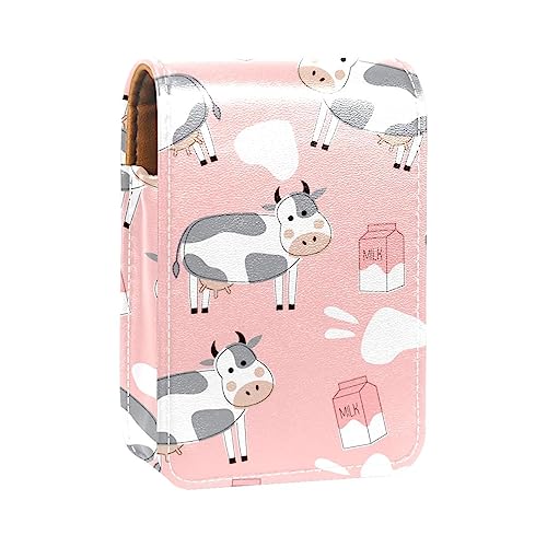 Damen-Make-up-Lippenstift-Etui aus PU-Leder, Lippenstift-Etui mit Spiegel, süßes tragbares Make-up-Reiseetui für Geldbörse, Lippenstift-Halter,Rosa Kühe melken Cartoon Tier von KQNZT