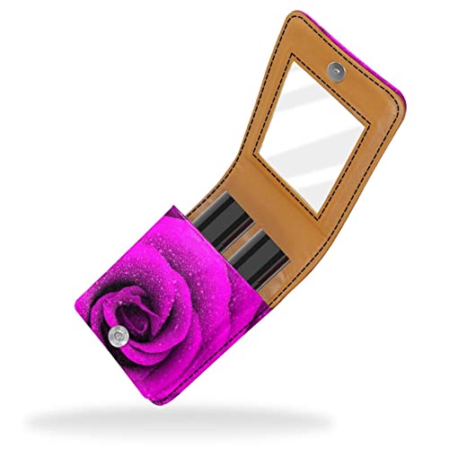 Damen-Make-up-Lippenstift-Etui aus PU-Leder, Lippenstift-Etui mit Spiegel, süßes tragbares Make-up-Reiseetui für Geldbörse, Lippenstift-Halter,Rosa Rosen Moderne Blume von KQNZT