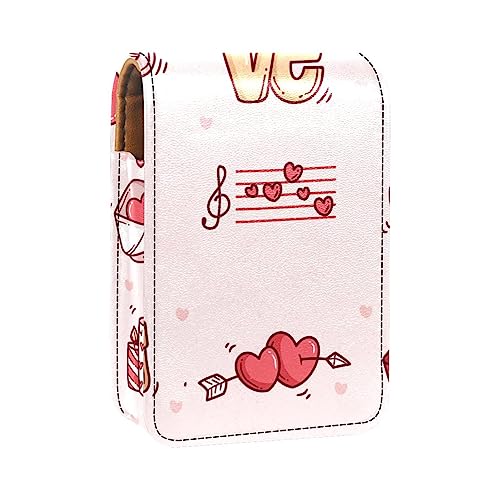 Damen-Make-up-Lippenstift-Etui aus PU-Leder, Lippenstift-Etui mit Spiegel, süßes tragbares Make-up-Reiseetui für Geldbörse, Lippenstift-Halter,Rosa reizender Muster Valentinsgruß von KQNZT