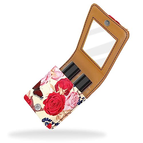 Damen-Make-up-Lippenstift-Etui aus PU-Leder, Lippenstift-Etui mit Spiegel, süßes tragbares Make-up-Reiseetui für Geldbörse, Lippenstift-Halter,Roter rosa Rosen Schmetterling mit Blumen Retro von KQNZT