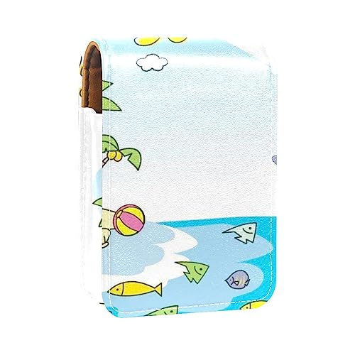 Damen-Make-up-Lippenstift-Etui aus PU-Leder, Lippenstift-Etui mit Spiegel, süßes tragbares Make-up-Reiseetui für Geldbörse, Lippenstift-Halter,Sommerurlaub Cartoon Ocean Island Tiere von KQNZT