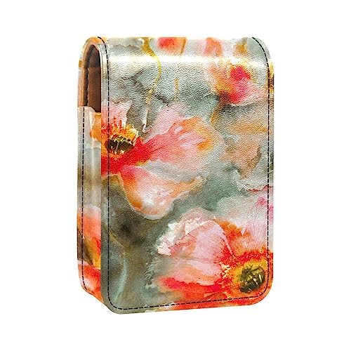 Damen-Make-up-Lippenstift-Etui aus PU-Leder, Lippenstift-Etui mit Spiegel, süßes tragbares Make-up-Reiseetui für Geldbörse, Lippenstift-Halter,Vintage rote Klatschmohn Blume von KQNZT